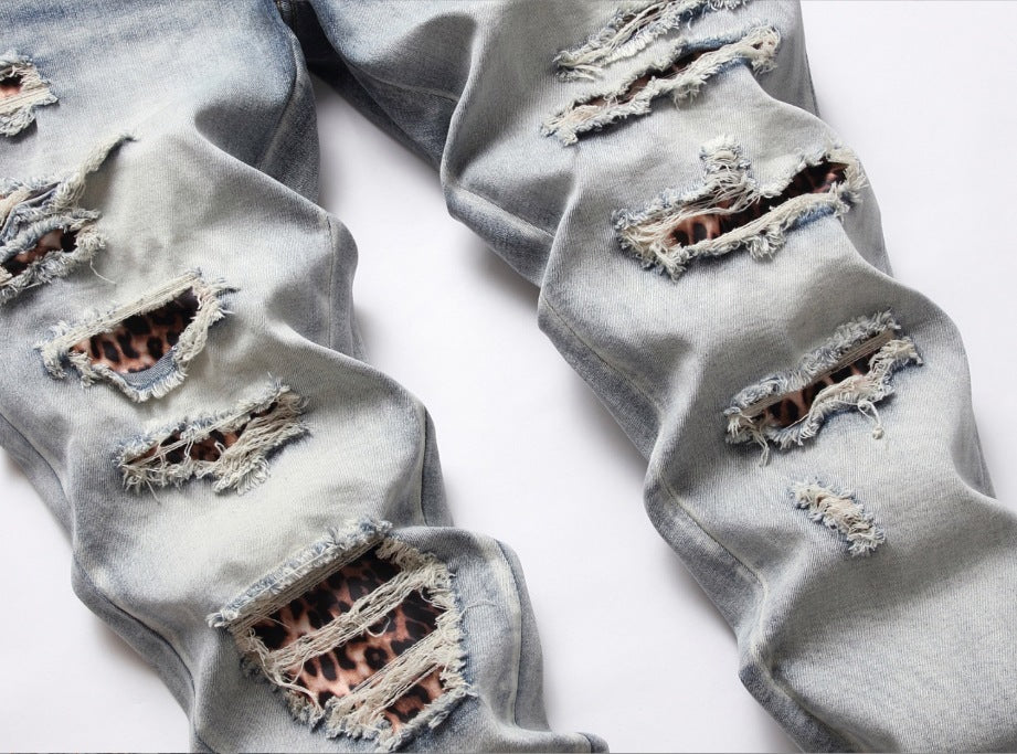 Men's Light Color Damage Patch Worn Jeans