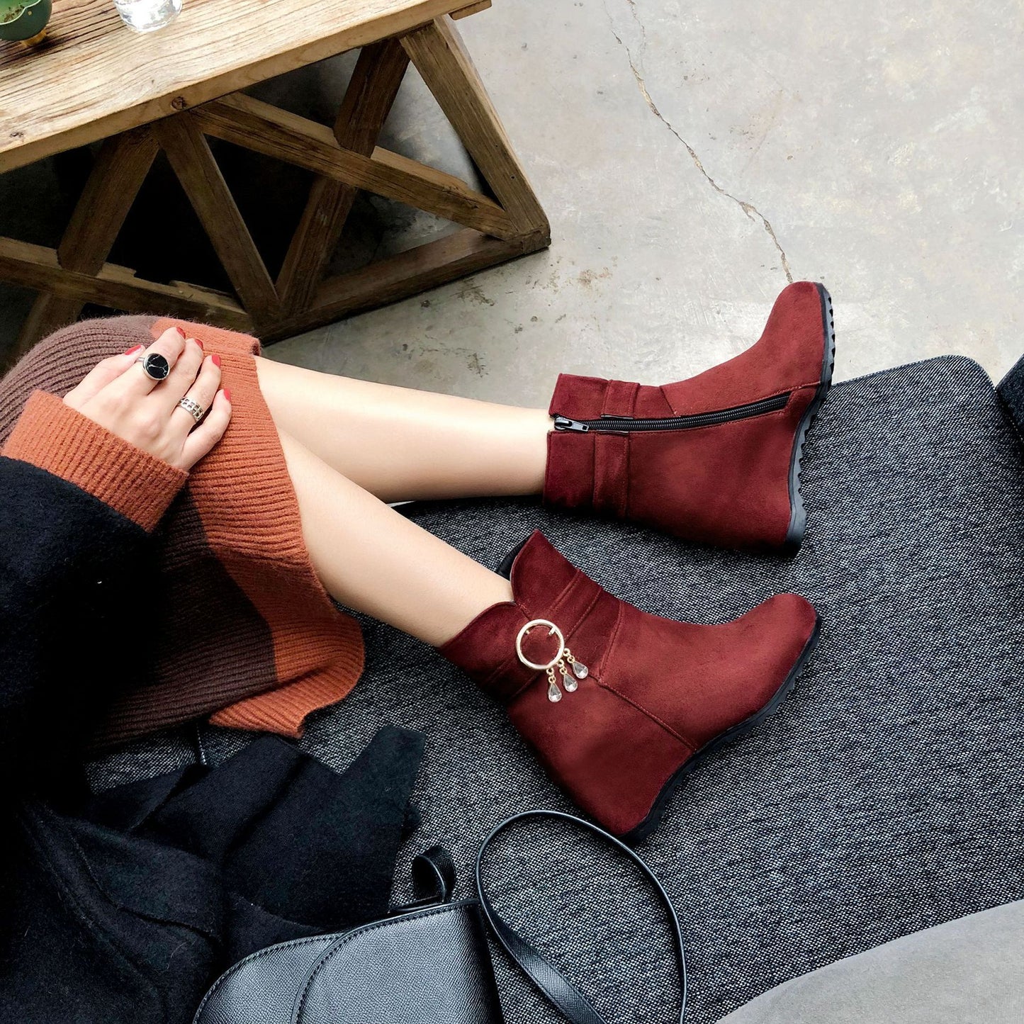 Fringed Round Toe Wedge Heel Winter Ladies Short Boots