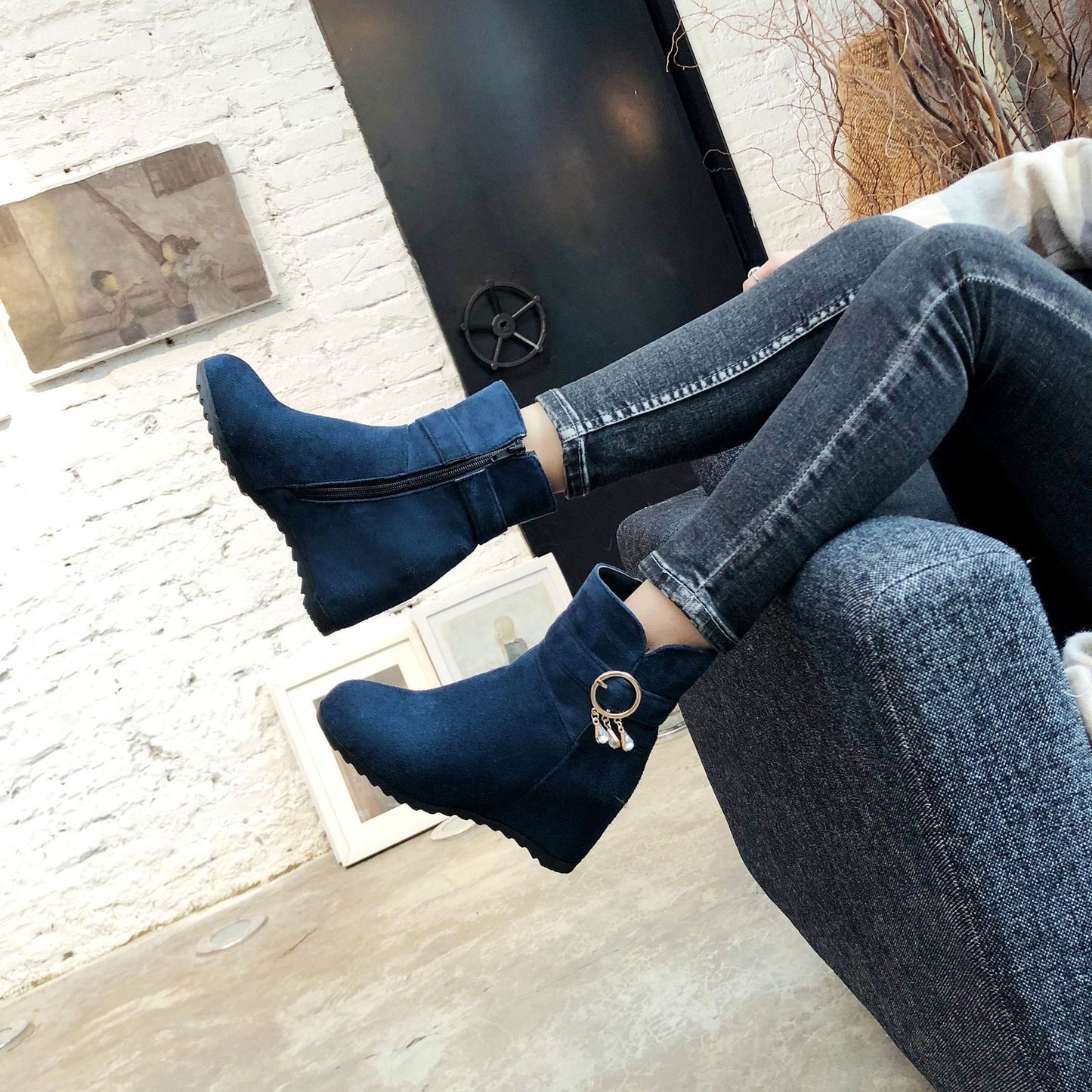 Fringed Round Toe Wedge Heel Winter Ladies Short Boots