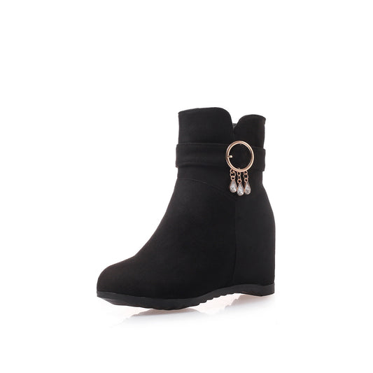 Fringed Round Toe Wedge Heel Winter Ladies Short Boots
