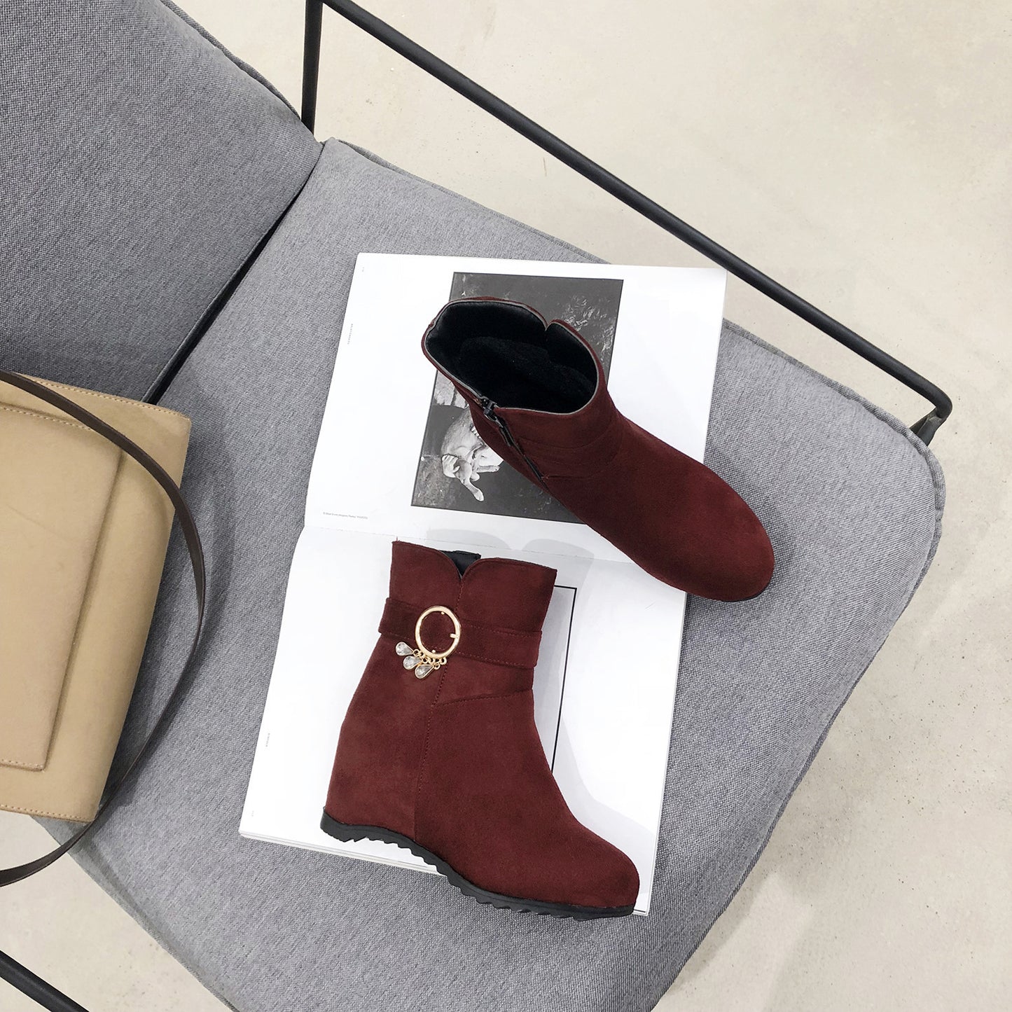 Fringed Round Toe Wedge Heel Winter Ladies Short Boots