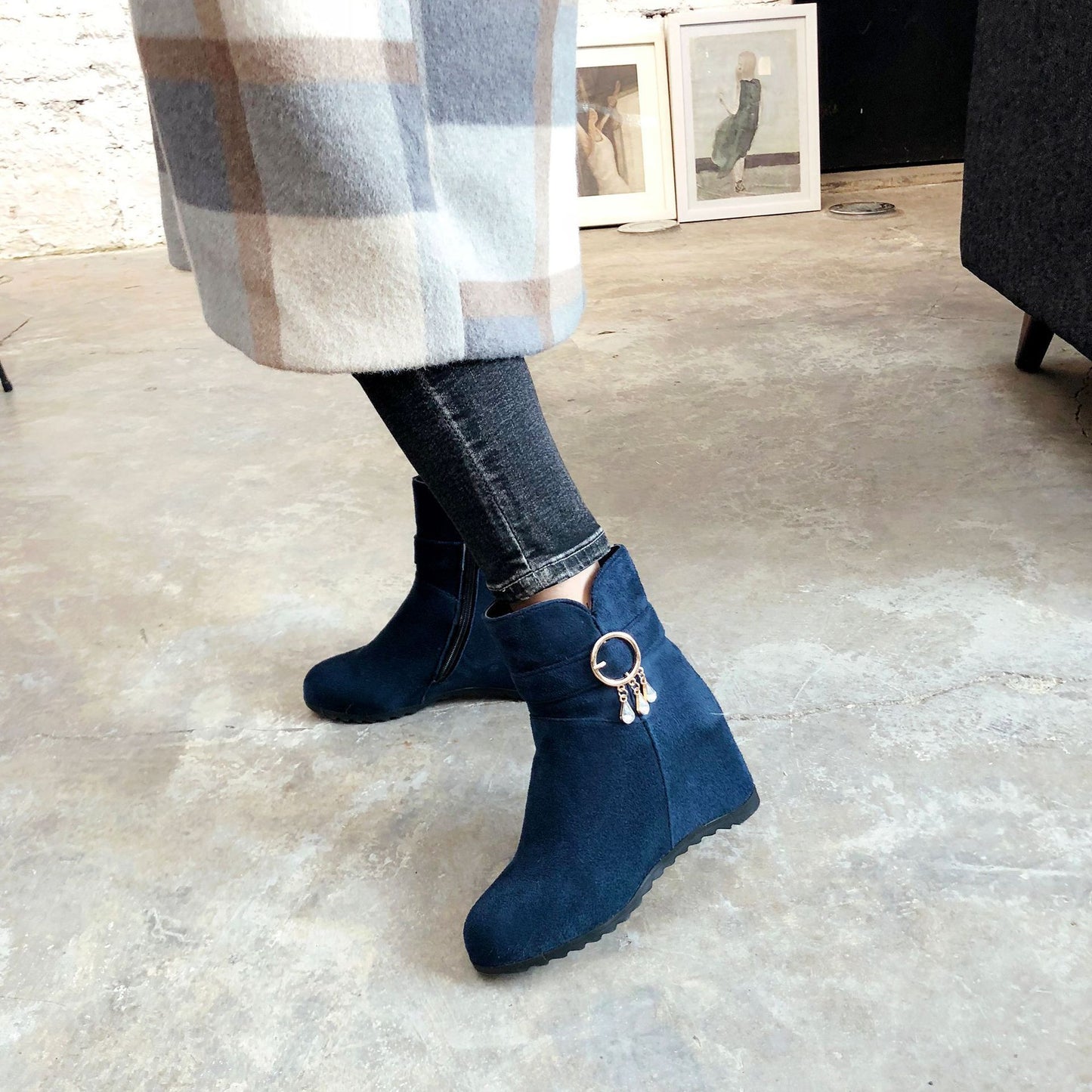 Fringed Round Toe Wedge Heel Winter Ladies Short Boots
