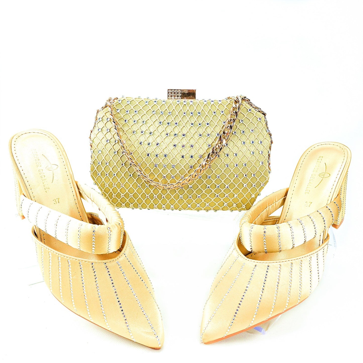 Green 8CM Pointed Toe Chunky Heel High Heels Hand Bag Casual Daily Party Dinner Shoes Bag Suit