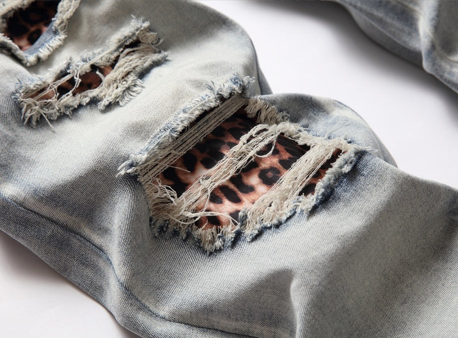 Men's Light Color Damage Patch Worn Jeans