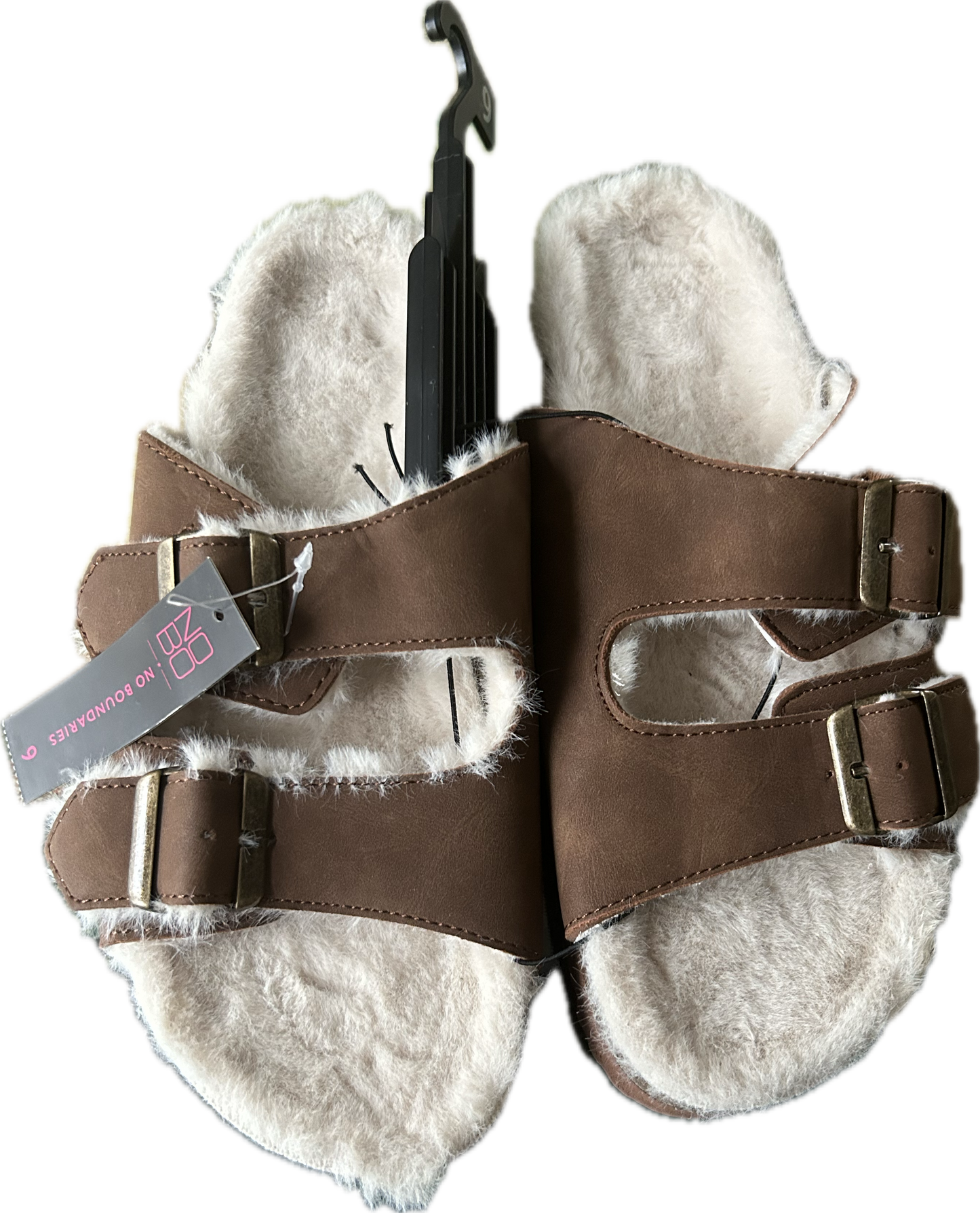 Material: Manmade upper and outsole
Care: Wipe clean
Country of Origin: Imported
Closure: Slip-on
Features: Soft, plush material in footbed; memory foam for comfort; adjustable two-band for a  (brand new)