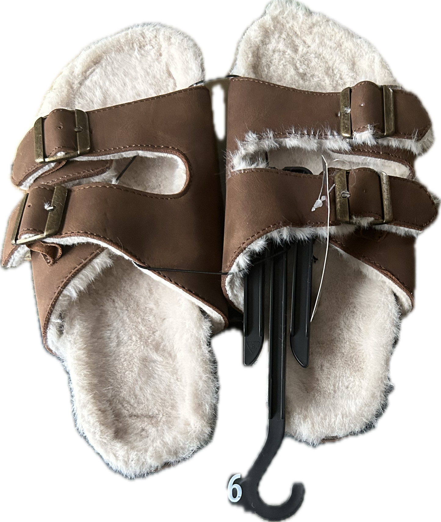 Material: Manmade upper and outsole
Care: Wipe clean
Country of Origin: Imported
Closure: Slip-on
Features: Soft, plush material in footbed; memory foam for comfort; adjustable two-band for a  (brand new)