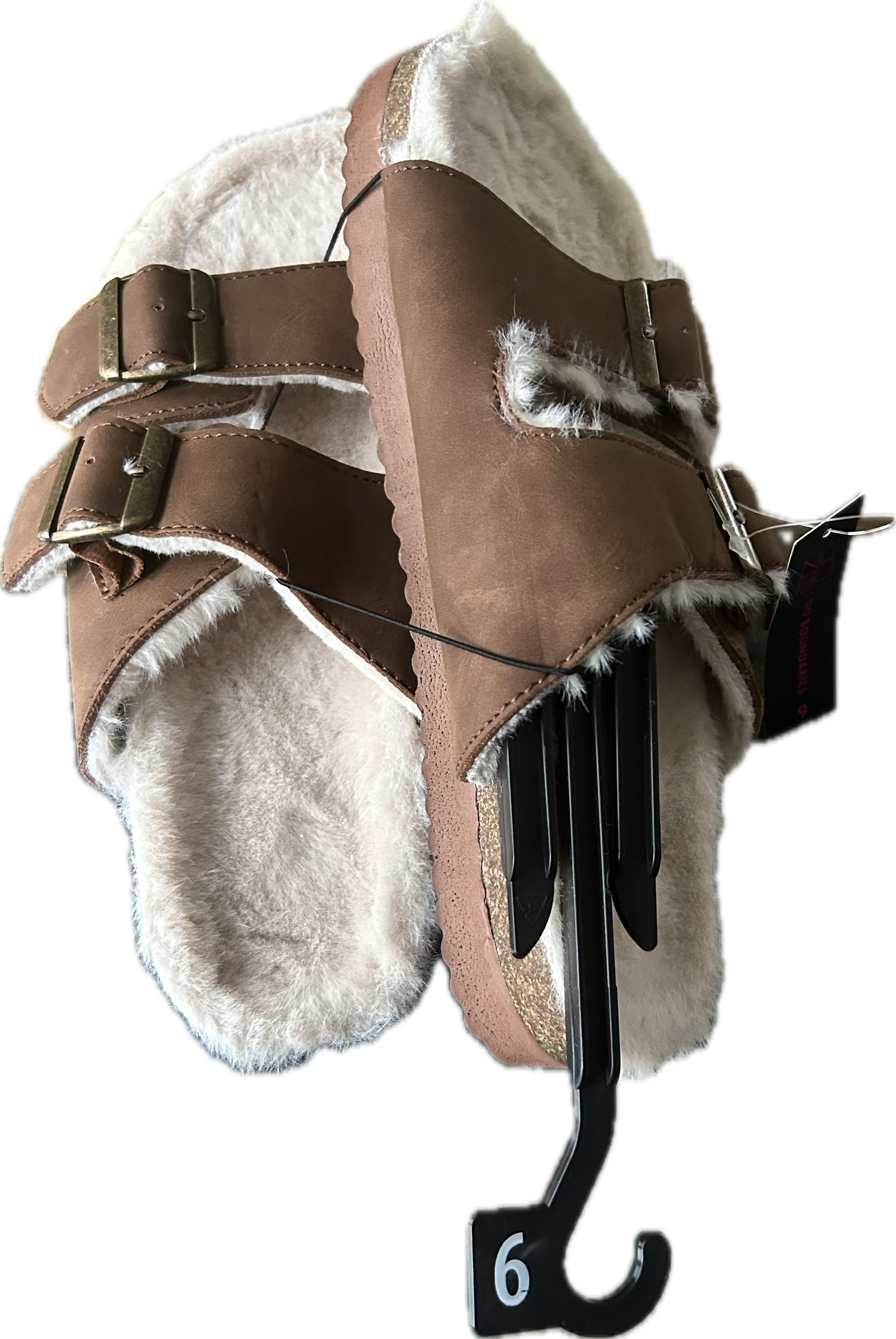 Material: Manmade upper and outsole
Care: Wipe clean
Country of Origin: Imported
Closure: Slip-on
Features: Soft, plush material in footbed; memory foam for comfort; adjustable two-band for a  (brand new)