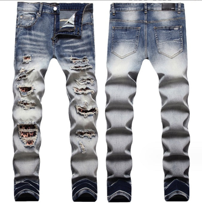 Men's Light Color Damage Patch Worn Jeans