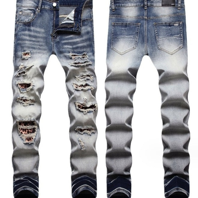 Men's Light Color Damage Patch Worn Jeans