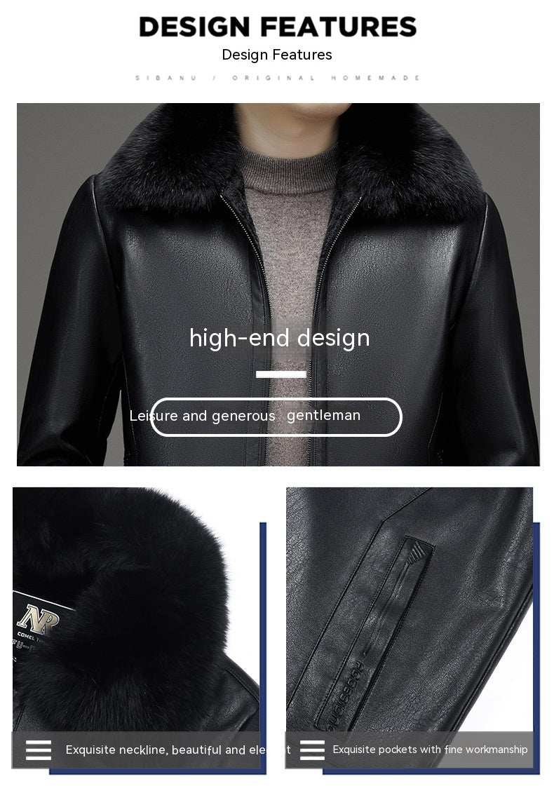 Business Casual Big Fur Collar Men's Leather Coat