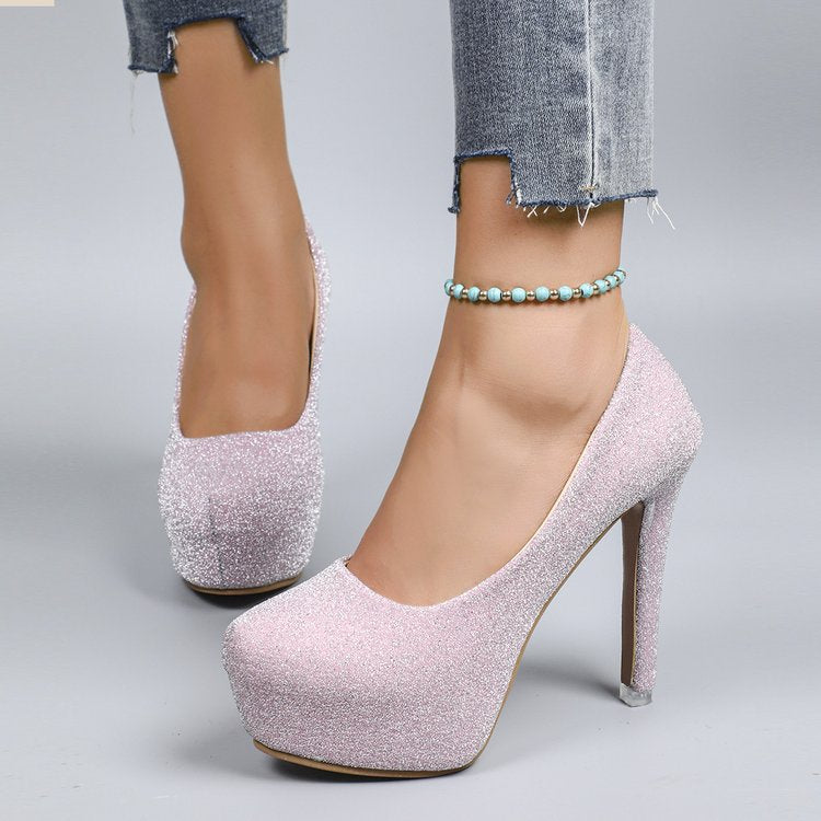 High Heel Stiletto Round Toe Sequin Fashion Nightclub